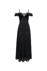 Black Velvet Lace Off Shoulder Ruffled Double Layer Slit Women's Gothic Dresses - Product - 8