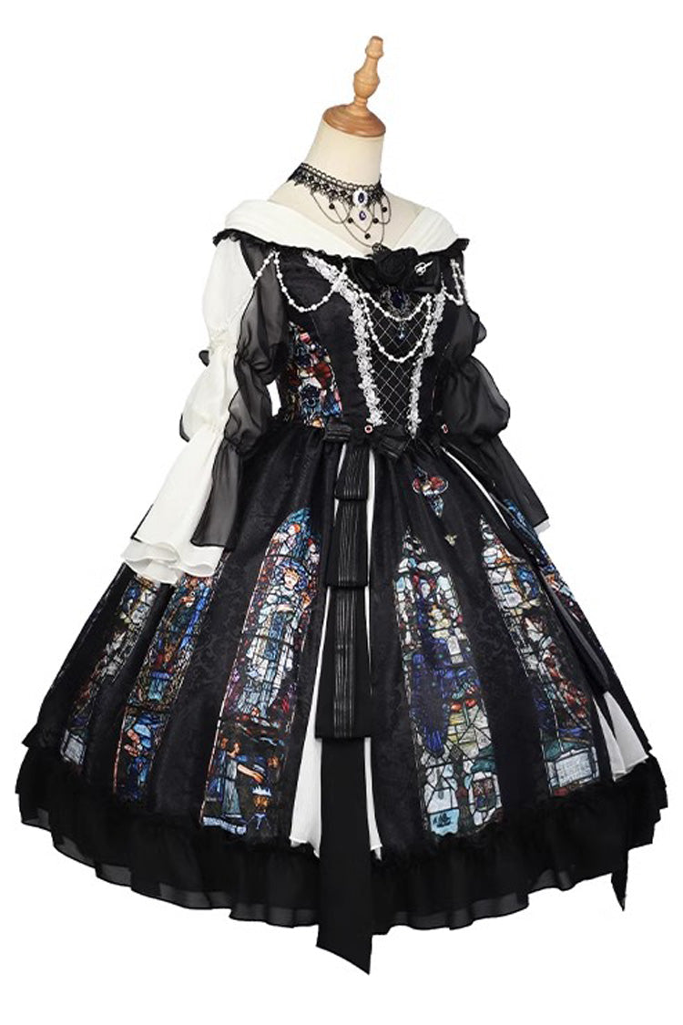Black Stained Window Print Ruffle Bowknot Gothic Elegant Lolita Jsk Dress - Product - 6