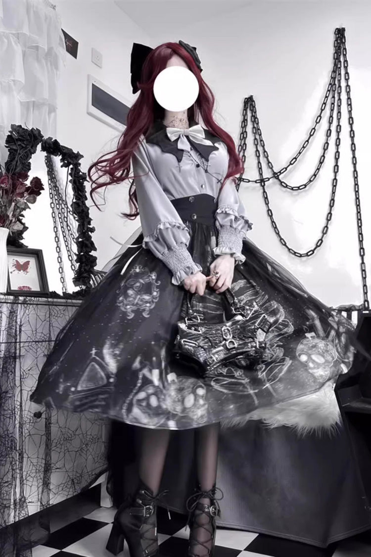 Black Print Halloween Classic Gothic Punk Elegant Lolita Skirt Set - Black - 1