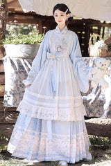 Light Blue [Alice in the Illusion] Stand Collar Pastoral-StylePrinted Bow Lace Chinese Style Vintage Lolita Ma Mian Skirt Set - Light-Blue(Set) - 1