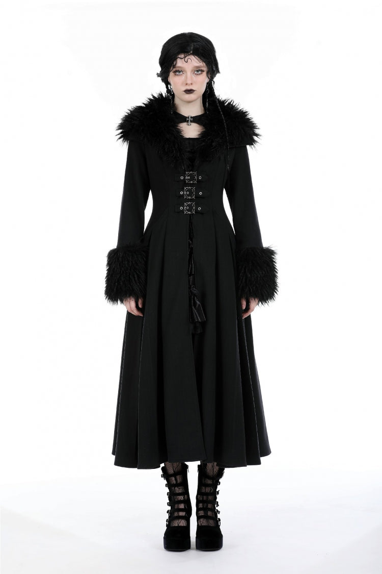 Black Long Sleeves Lace-Up Buckled Women's Gothic Draped Coat with Faux Fur Collar - Product - 7