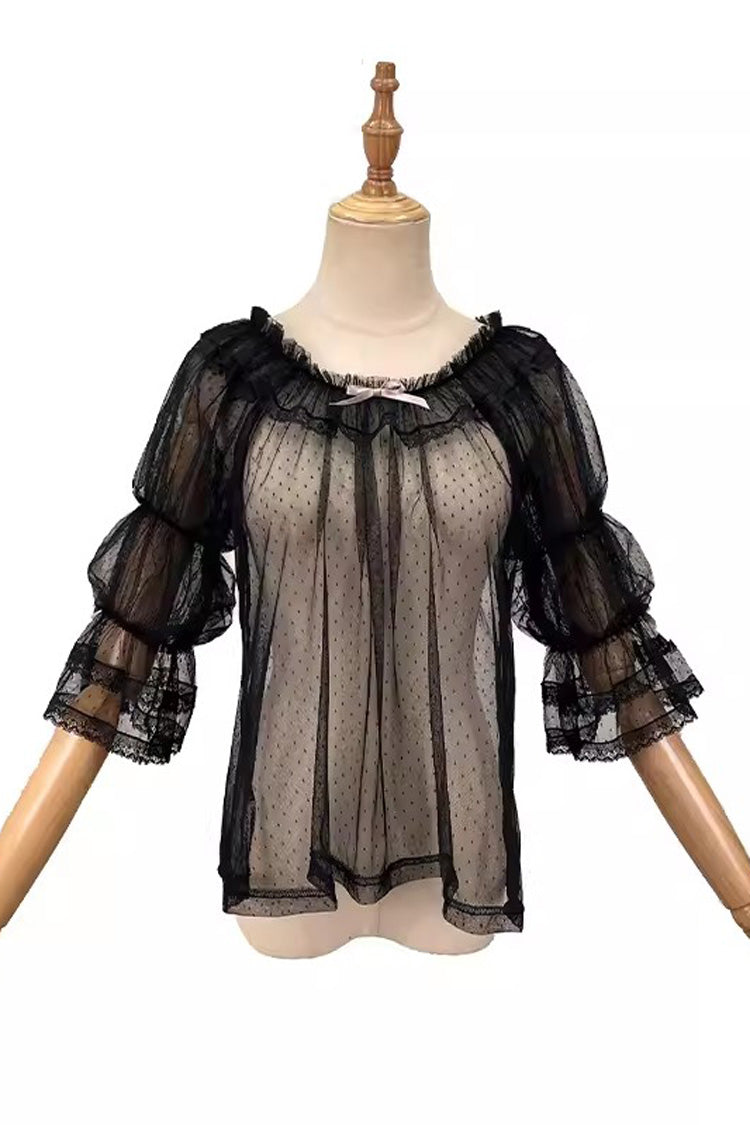 Sweet Half Lantern Sleeves Bowknot Sheer Lolita Blouse 2 Colors - Product - 1