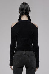Black Knitted Tight Hollow-Carved Design Metal Cross Decoration Long Sleeve Women's Punk Top - Product - 3