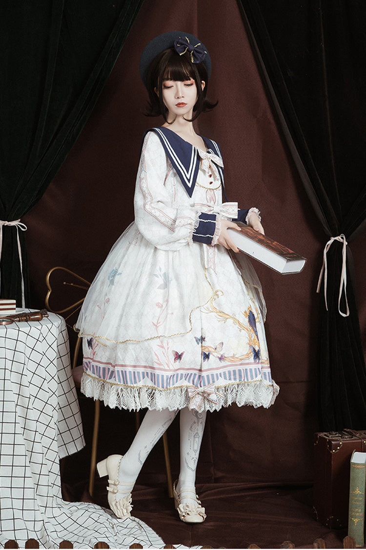 Weißer marineblauer Kragen, lange Ärmel, Schmetterlingsdruck, Rüschen, Schleife, süße, elegante Prinzessin (Kleid einzeln), Detailansicht 4