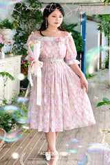 Boat Neck Ruffled Short Sleeves Plus Size Tulips Floral Print High Waisted Sweet Lolita OP Dress - Pink - 3