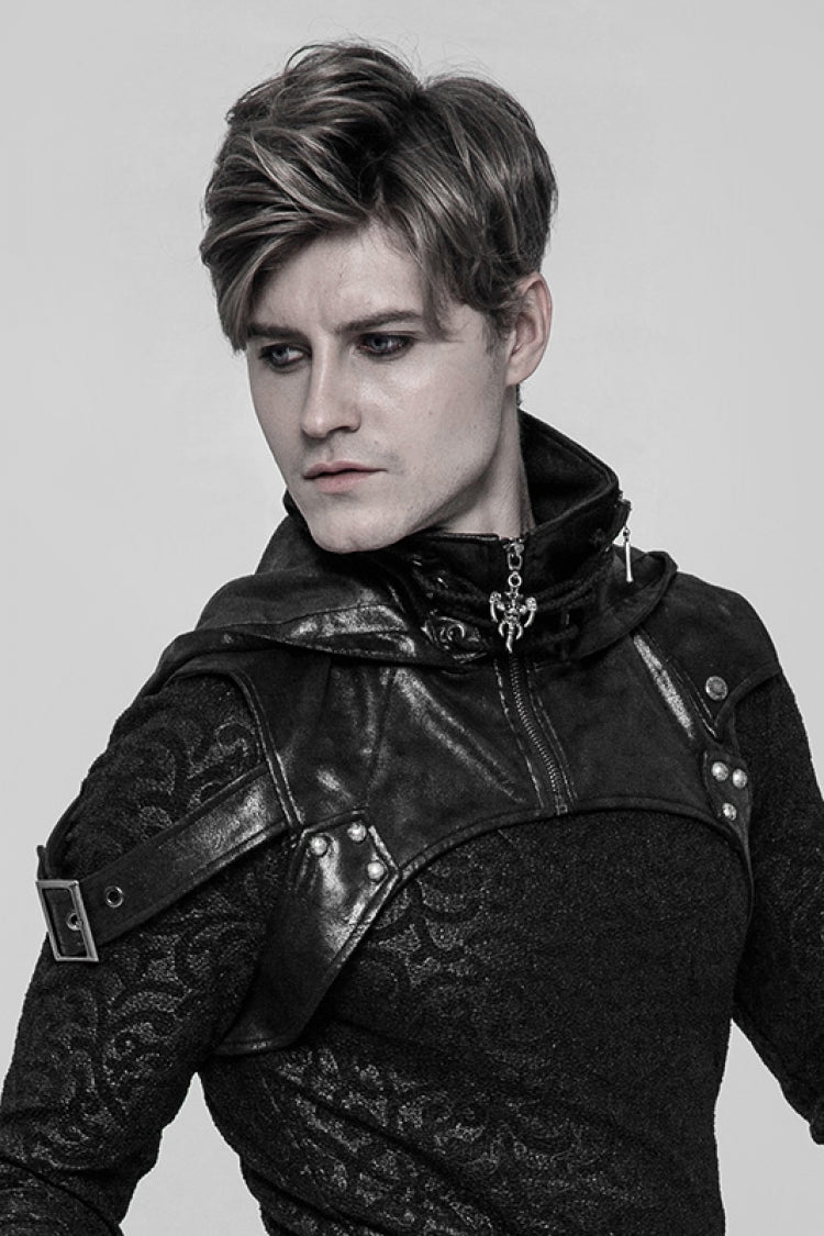 Black Metal Buckle Lace-Up Hooded Men's Steampunk Cape - Product - 2