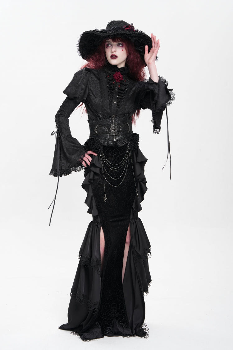 Black Floral Print Lace-Up Rose Chain Women's Gothic Fishtail Skirt - Product - 8
