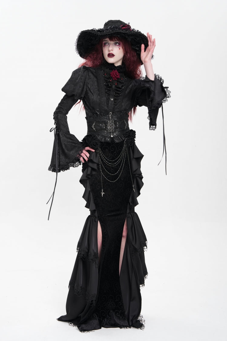 Black Floral Print Lace-Up Rose Chain Women's Gothic Fishtail Skirt - Product - 8