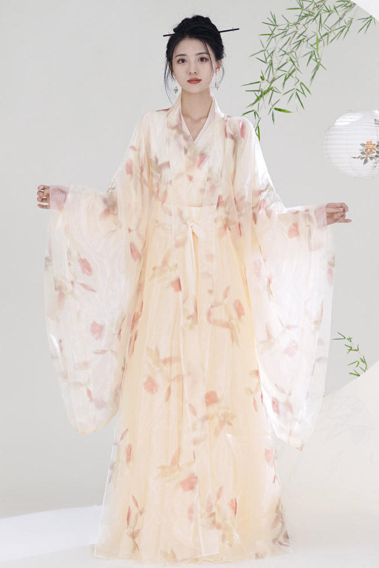Orange V Collar High Waisted Print Sweet Chinese Style Hanfu Dress Full Set - Product - 2
