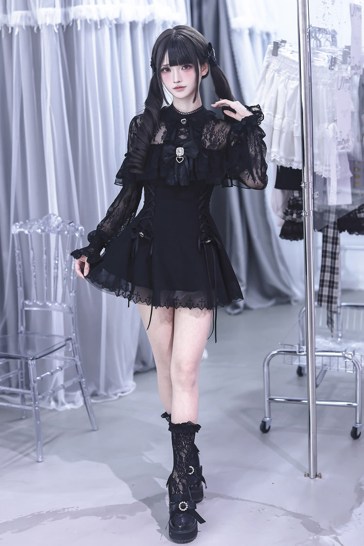 Black [Lace Doll] Round Collar Long Sleeves Ruffled Cut-Out Embroidered Bow Lace Gothic Jirai Kei Japanese Dress - Product - 11