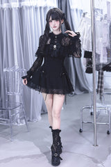 Black [Lace Doll] Round Collar Long Sleeves Ruffled Cut-Out Embroidered Bow Lace Gothic Jirai Kei Japanese Dress - Product - 11