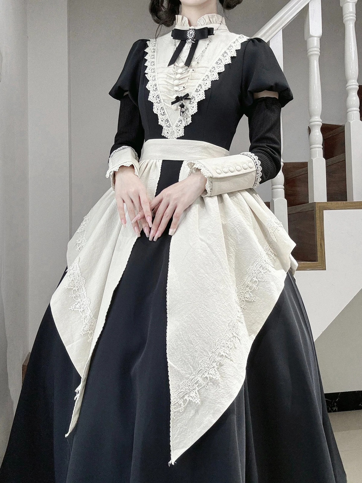 Black and White Plaid Ruffled Maid Lolita Dress with Apron Bow Accent - view 6