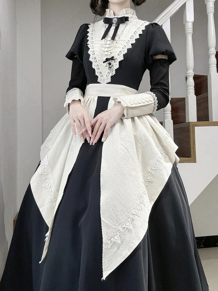 Black and White Plaid Ruffled Maid Lolita Dress with Apron Bow Accent - view 6