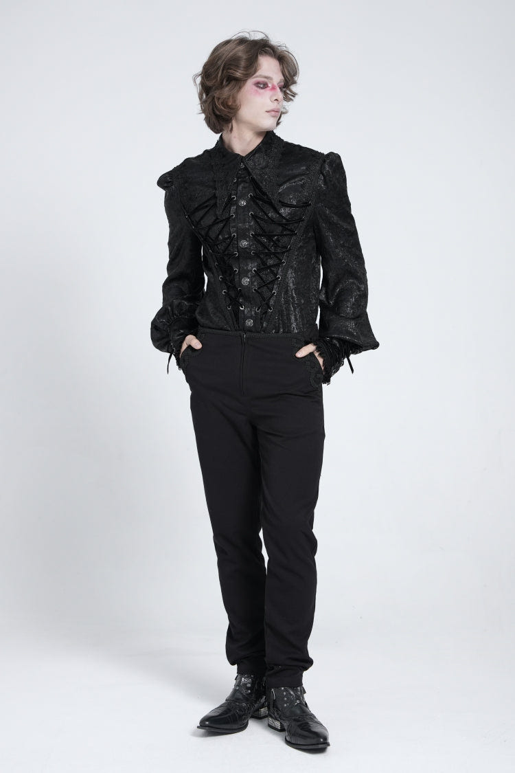 Black Long Puff Sleeves Jacquard Lace Men's Gothic Blouse - Product - 7