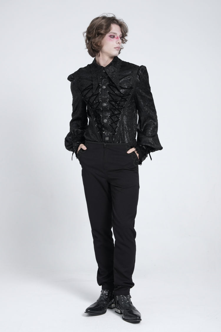 Black Long Puff Sleeves Jacquard Lace Men's Gothic Blouse - Product - 7