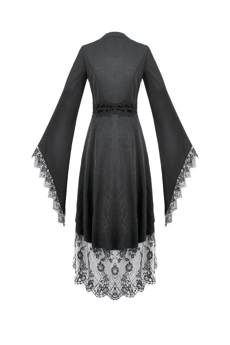 Black V Collar Long Trumpet Sleeves Lace Sheer Women's Gothic Kimono High Low Long Dress - Product - 15