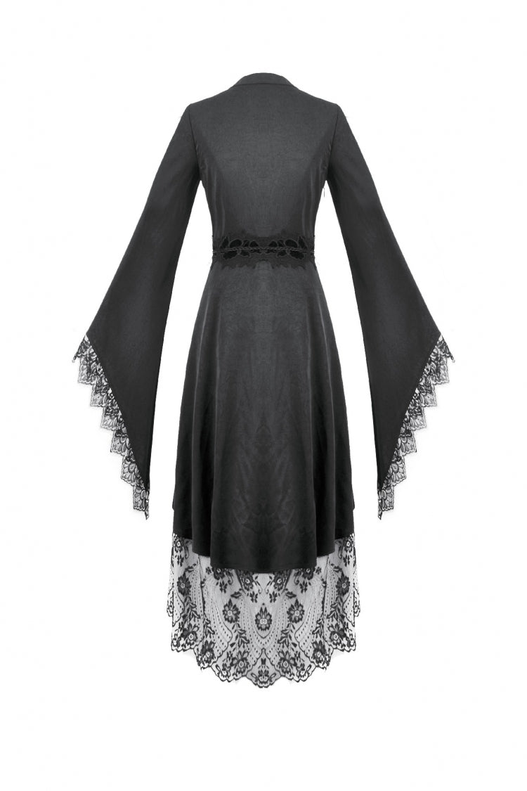 Black V Collar Long Trumpet Sleeves Lace Sheer Women's Gothic Kimono High Low Long Dress - Product - 15