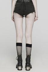 Black Denim Slim Buckle Eyelets Women's Steampunk Shorts - Product - 3