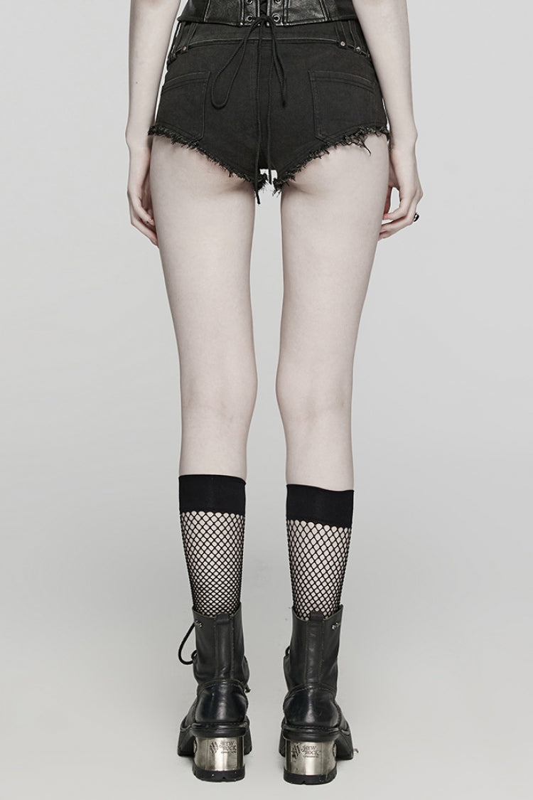 Black Denim Slim Buckle Eyelets Women's Steampunk Shorts - Product - 3