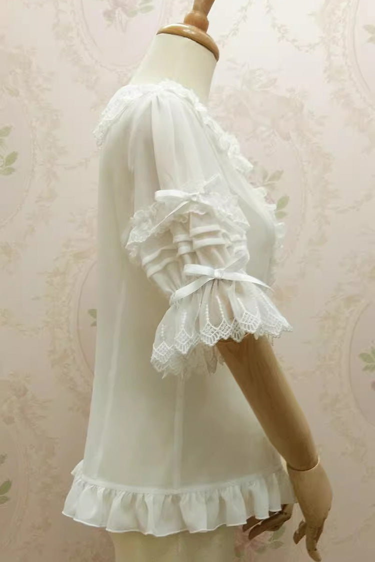 Doll Collar Short Trumpet Sleeves Lace Slim Chiffon Sweet Lolita Blouse 2 Colors - Product - 5