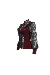 Red Velvet High Neck Lace Fake Bra Design Splicing Three-Dimensional Butterfly Mesh Women's Gothic Shirt - Product - 9