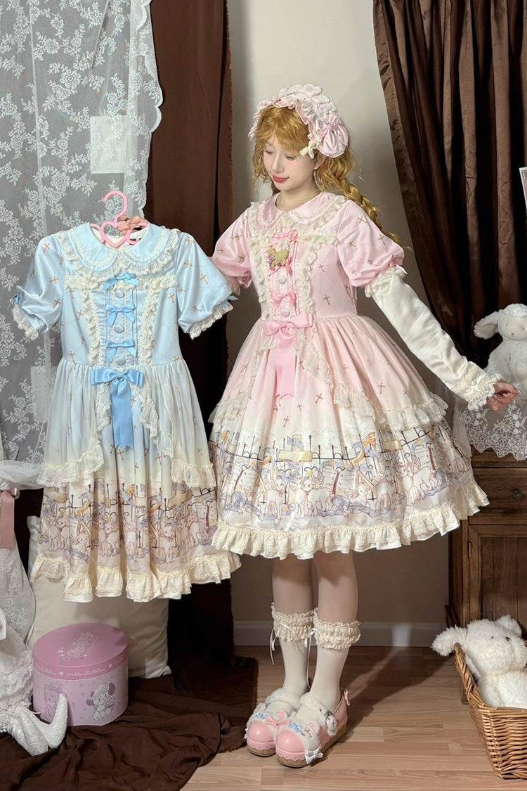 Pink [Angel Lamb] Lapel Collar Short Sleeves Printed Ruffled Bow Sweet Lolita Dress - Product - 7