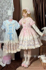 Pink [Angel Lamb] Lapel Collar Short Sleeves Printed Ruffled Bow Sweet Lolita Dress - Product - 7