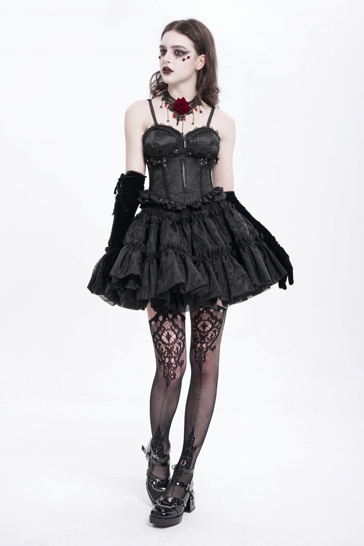 Black Sleeveless Ruffle Embroidery Lace-Up Women's Gothic Tank Top - Product - 11