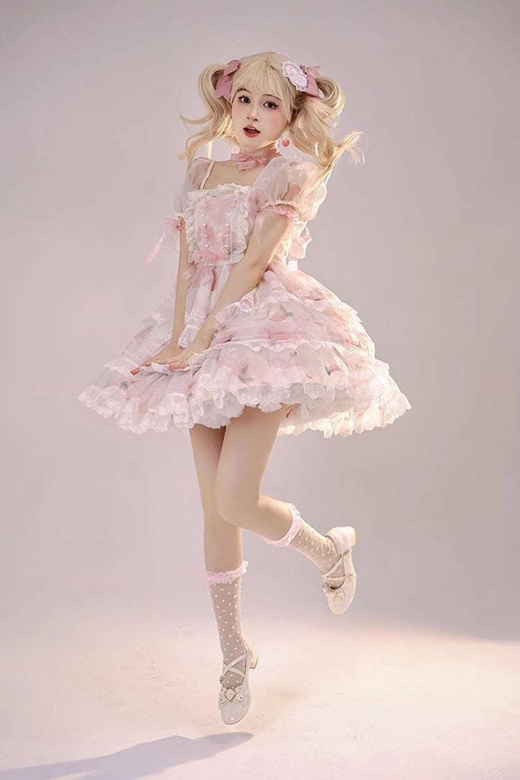 Pink Chiffon Organza Short Sleeves Multi-layer Peach Print Sweet Lolita Jsk Dress - Product - 5