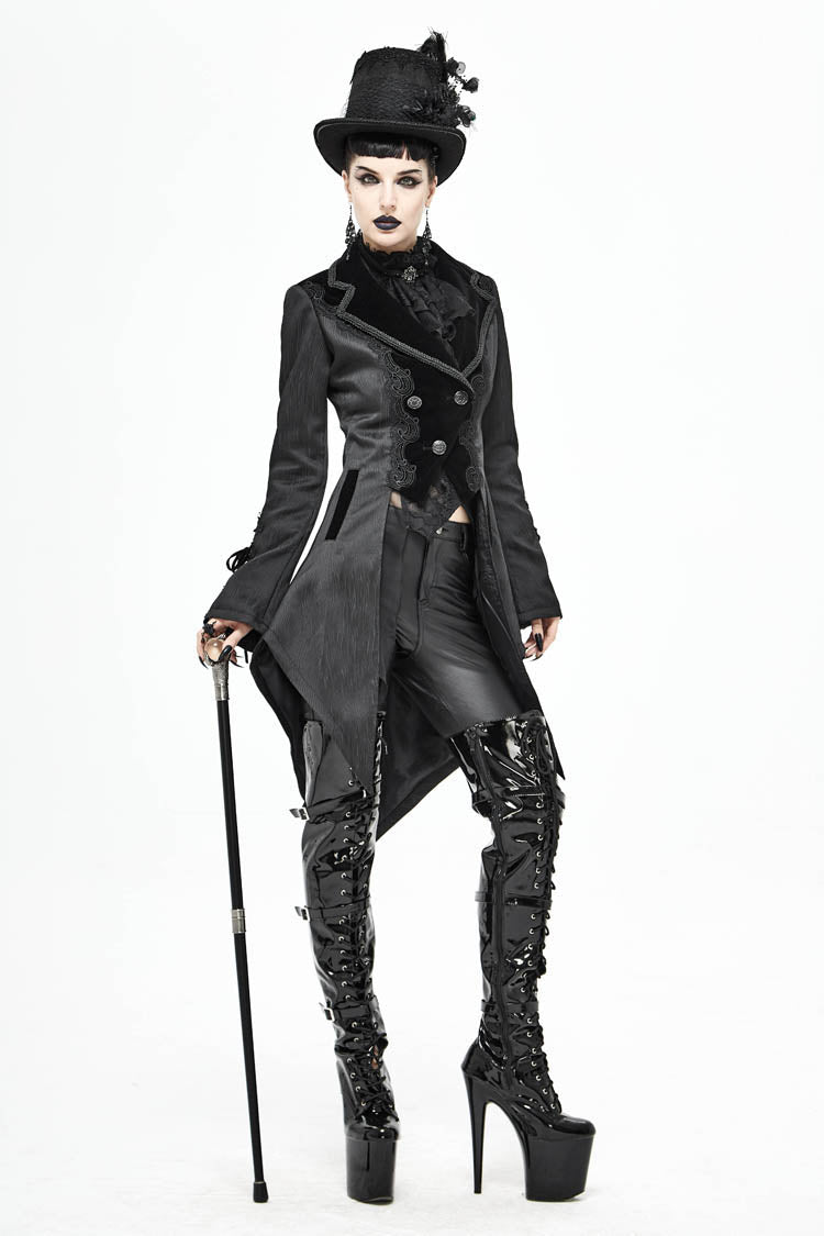Black Front Decals Metal Button Lace-Up Cuff Dovetail Hem Striped Jacquard Women's Gothic Coat - Product - 6
