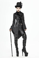 Black Front Decals Metal Button Lace-Up Cuff Dovetail Hem Striped Jacquard Women's Gothic Coat - Product - 6