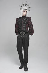 Black/Red Stand Collar Long Lantern Sleeves Floral Print Embroidery Men's Gothic Blouse - Product - 12