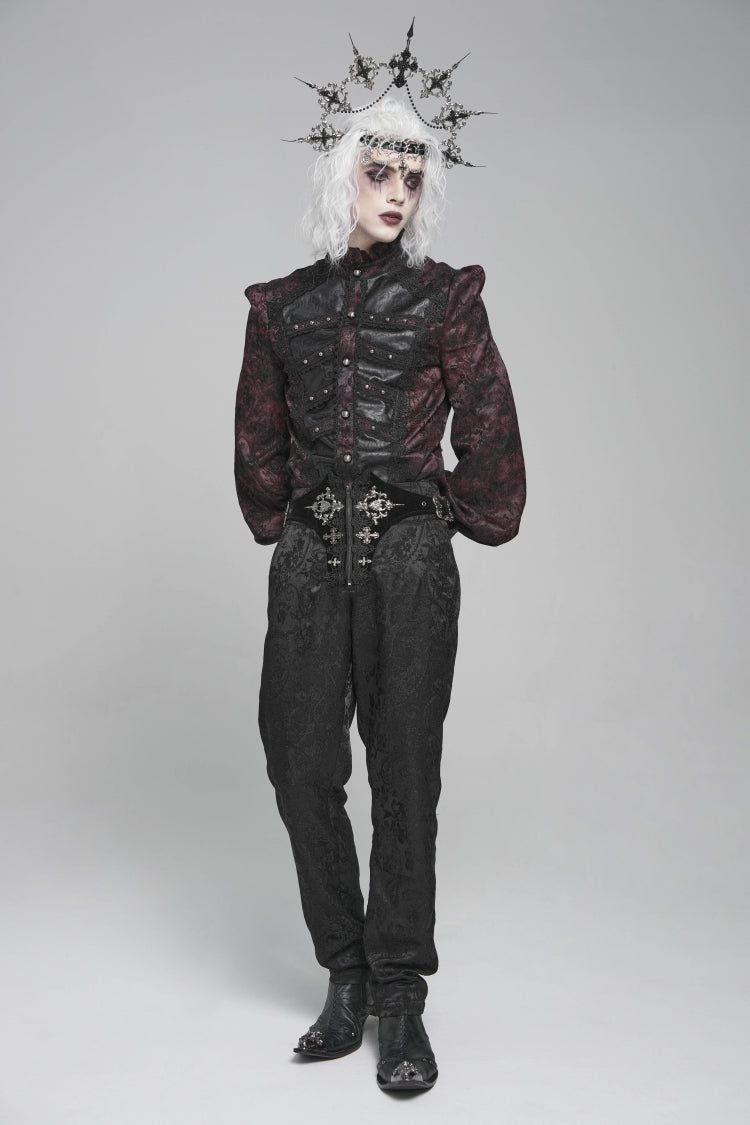Black/Red Stand Collar Long Lantern Sleeves Floral Print Embroidery Men's Gothic Blouse - Product - 12