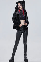 Black Punk Cuff Pleated Design Metal Five-Pointed Star Shape Belt Decoration Cat Ear Women's Coat - Product - 3