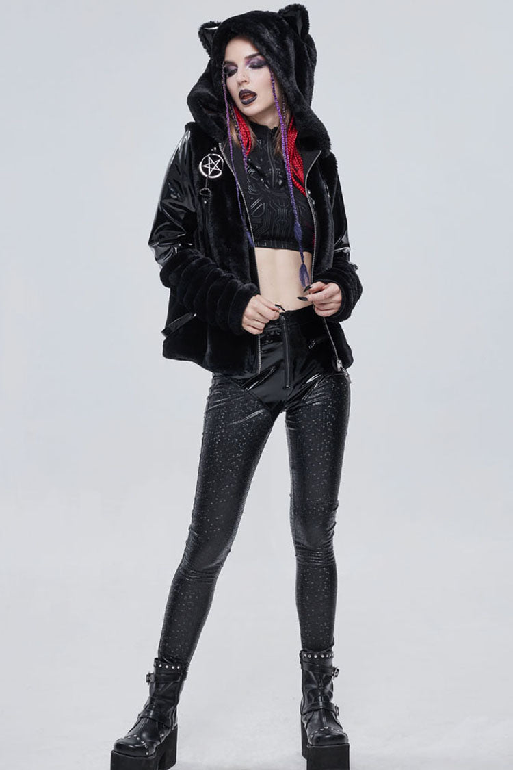 Black Punk Cuff Pleated Design Metal Five-Pointed Star Shape Belt Decoration Cat Ear Women's Coat - Product - 3