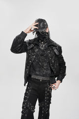 Black Faux Leather Stitching Buckle Zipper Straps Men's Punk Coat - Product - 7