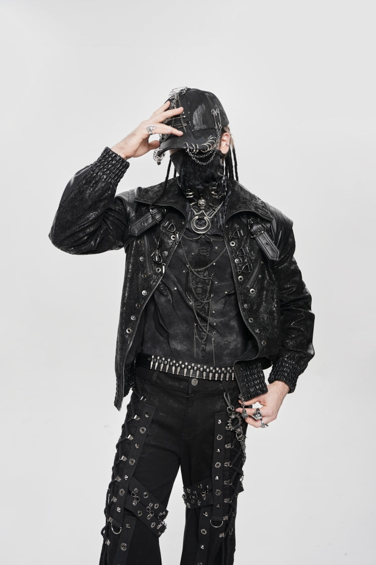 Black Faux Leather Stitching Buckle Zipper Straps Men's Punk Coat - Product - 7
