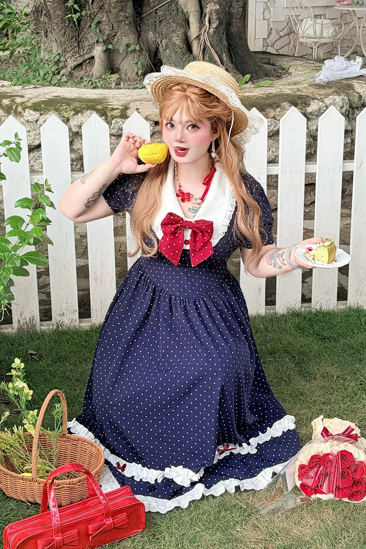 Blue V Collar Short Sleeves Polka Dot Printed Ruffled Bow Lace Classic Plus Size Preppy Style Lolita Dress - Product - 5