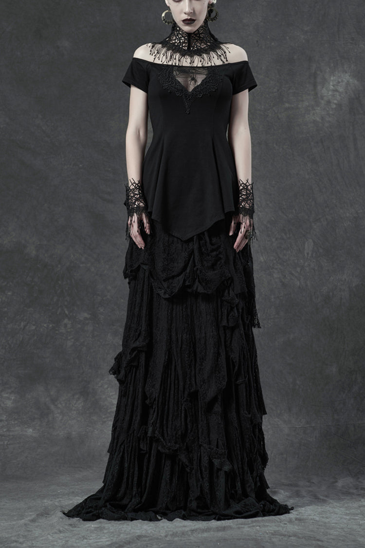 Black Short Sleeve Orizontal Neck Front Chest Lace Embroidery Frill Hem Women's Gothic T-Shirt - Black - 1