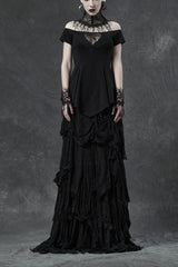 Black Short Sleeve Orizontal Neck Front Chest Lace Embroidery Frill Hem Women's Gothic T-Shirt - Black - 1