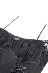 Black Off Shoulder Short Flutter Sleeves Lace-Up Lace High/Low Women's Gothic Prom Slip Dress - Product - 13