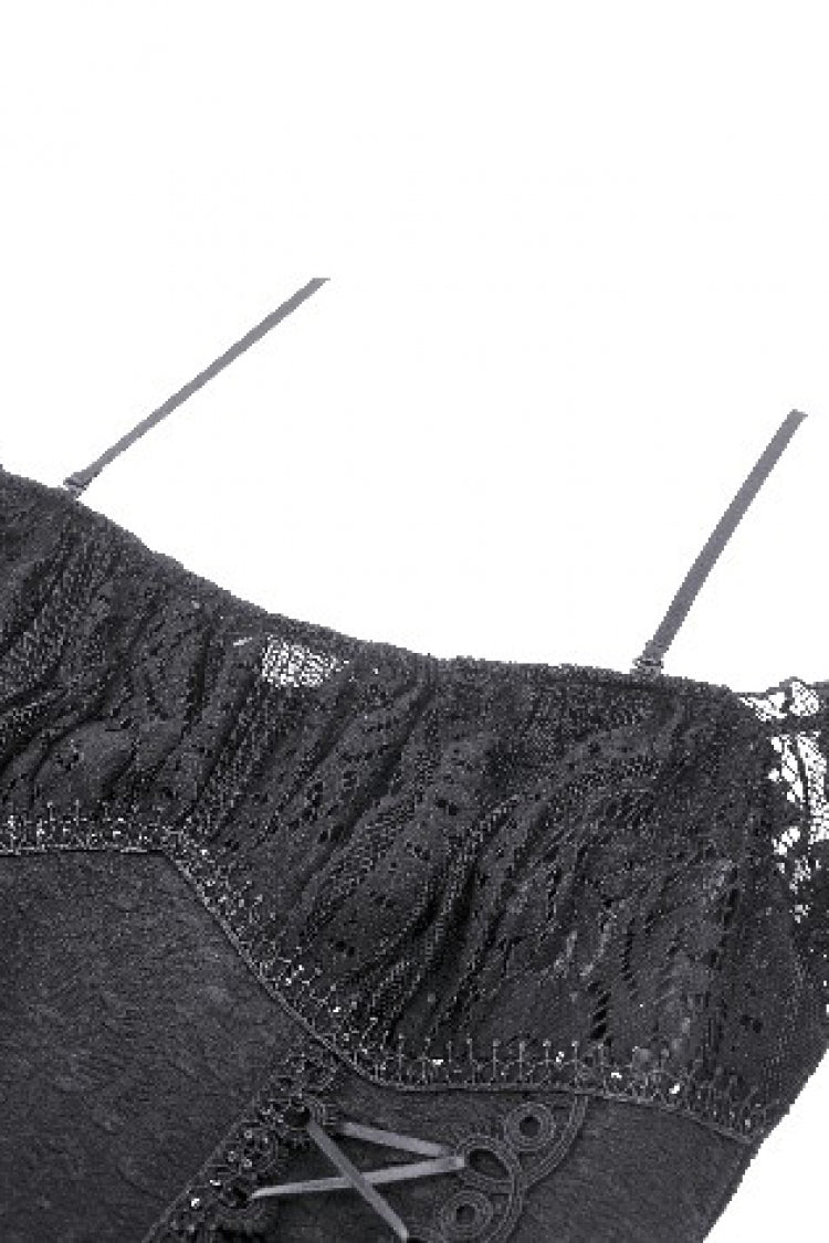 Black Off Shoulder Short Flutter Sleeves Lace-Up Lace High/Low Women's Gothic Prom Slip Dress - Product - 13