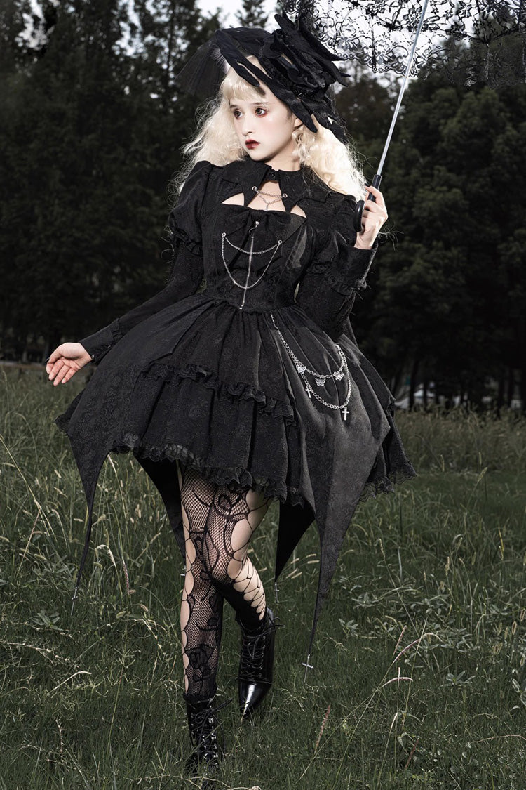 Black Dark Night Law Long Sleeves High Waisted Cardigan Bowknot Lace Gothic Lolita Dress - Black - 1