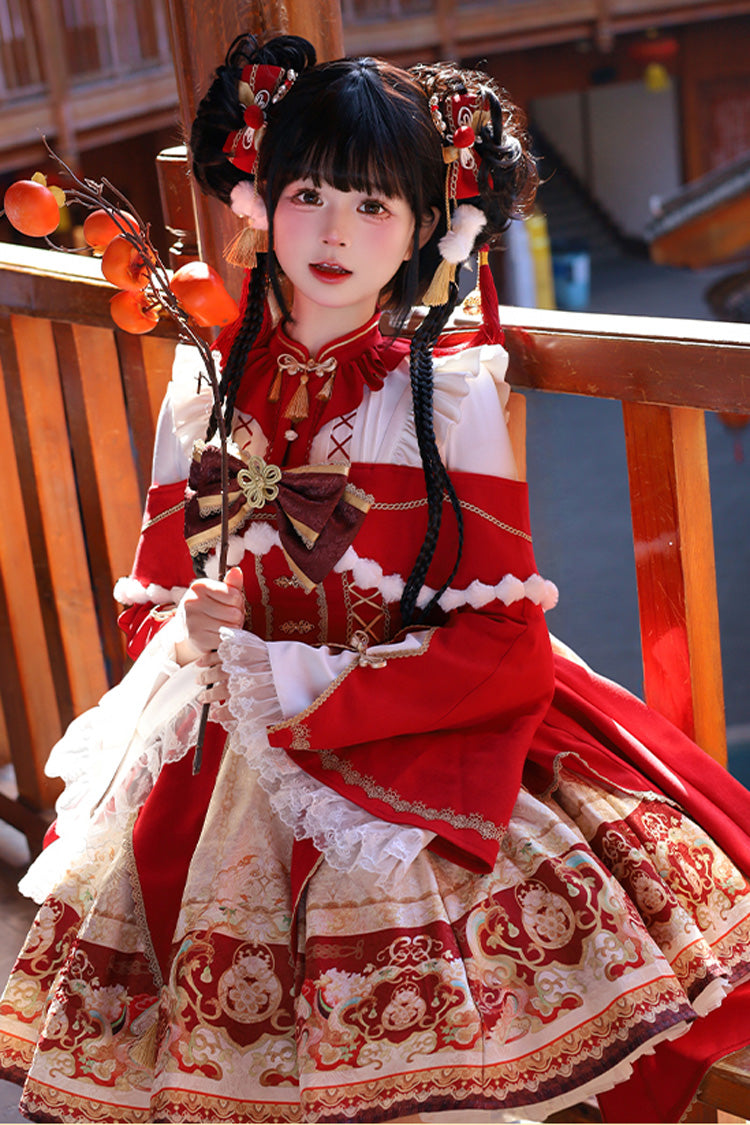 Red [New Year] Print Ruffle Bowknot Lace-Up Sweet Chinese Style Lolita Jsk Dress - Product - 11