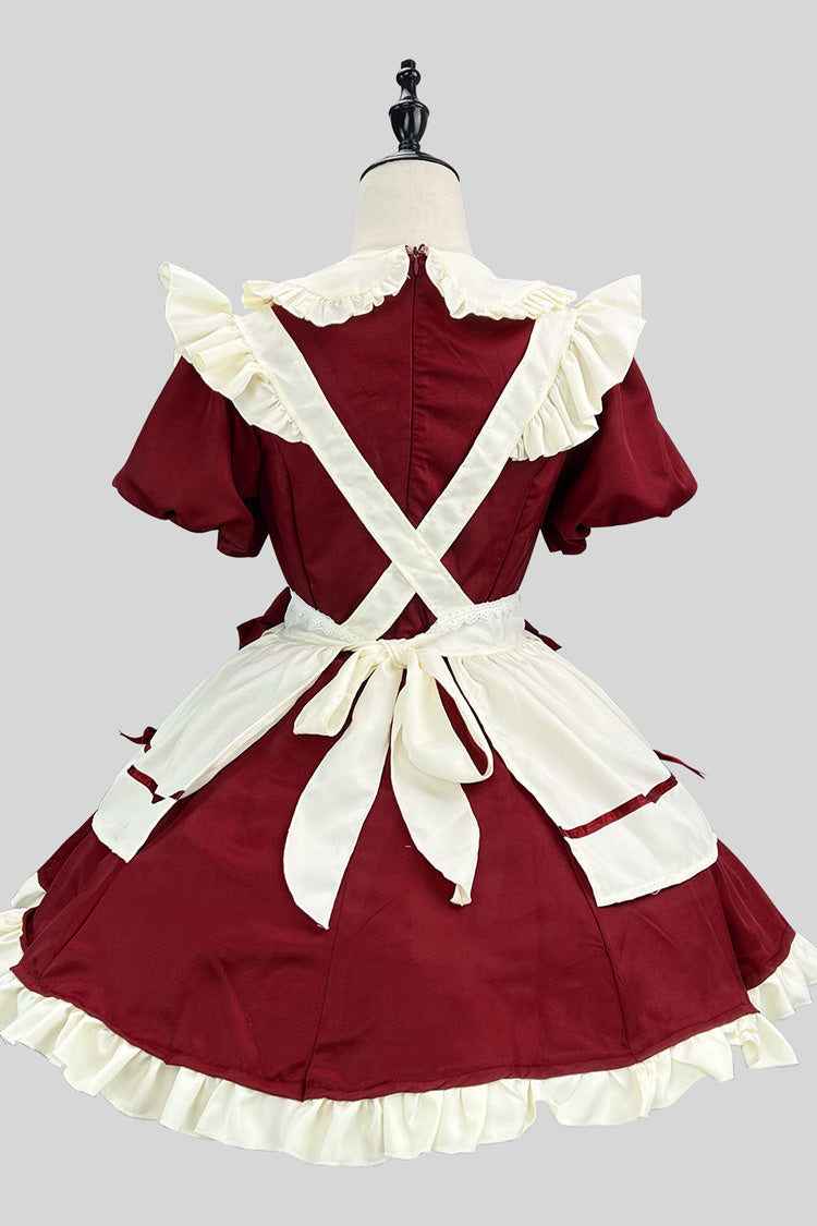 Wine/White Short Sleeves Ruffle Bowknot Lace Plus Size Sweet Maid Short Lolita Dress - Product - 2