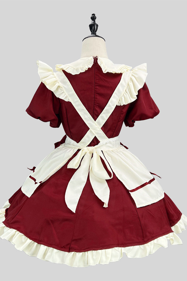 Wine/White Short Sleeves Ruffle Bowknot Lace Plus Size Sweet Maid Short Lolita Dress - Product - 2
