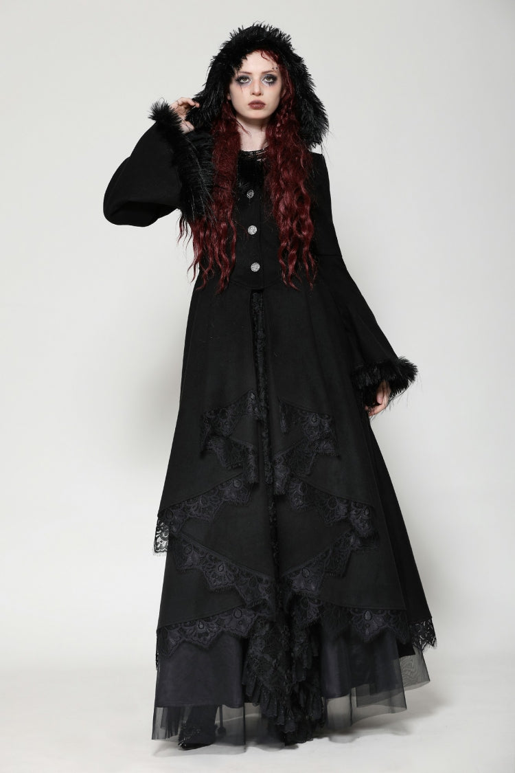 Black Long Bell Sleeves Lace Button Women's Gothic Romantic Coat with Hood - Product - 5