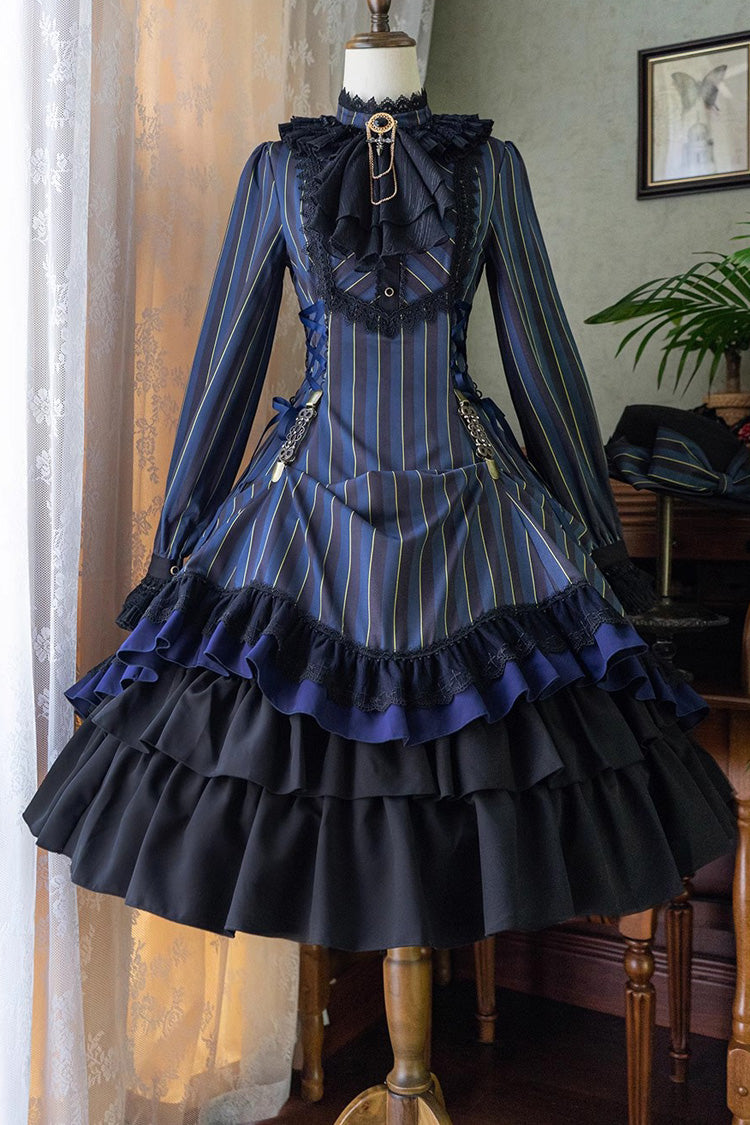 Point Manor Stand Collar Long Sleeves Multi-layer Striped Print Ruffle Gothic Lolita Dress 4 Colors - Blue - 12