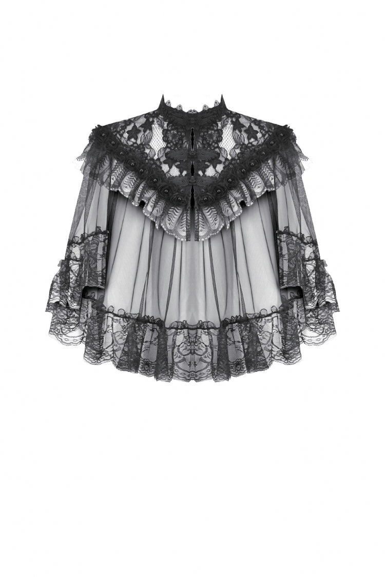 Black Sleeveless Ruffled Lace Spliced Mesh Women's Gothic Cape - Product - 3