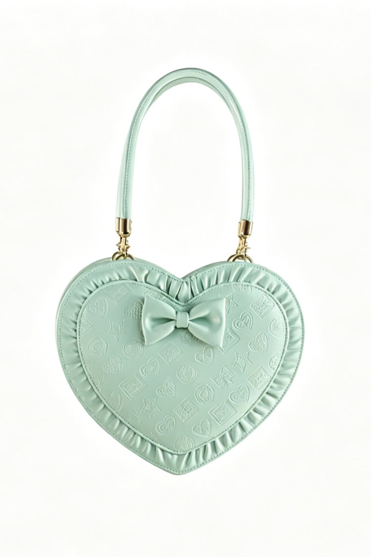 Heart‑Shaped Bow Sweet Lolita Handbag/Crossbody with Ruffled Trim 3 Colors - Green - 4